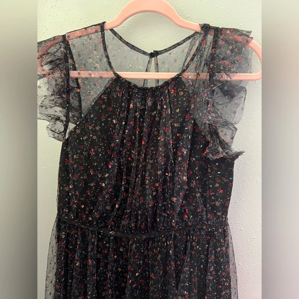 MELLODAY Flutter Sleeve Mesh Maxi Dress In Black Dot Floral New - Picture 12 of 13